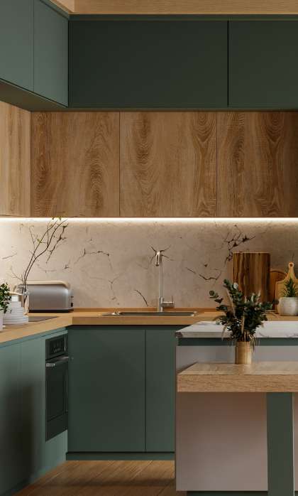 Modern kitchen featuring olive green and wood contractor-direct cabinetry with integrated lighting.